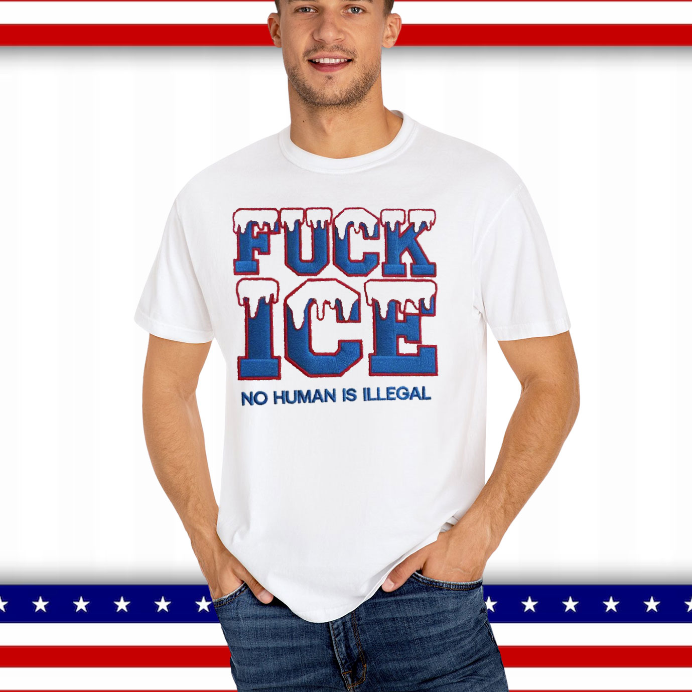 Embroidered Fuck ICE No Human is illegal T-Shirt